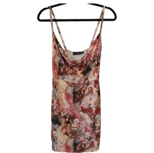 Pretty Little Thing Drape Neck Strappy Renaissance Art Print Mini Dress size 8